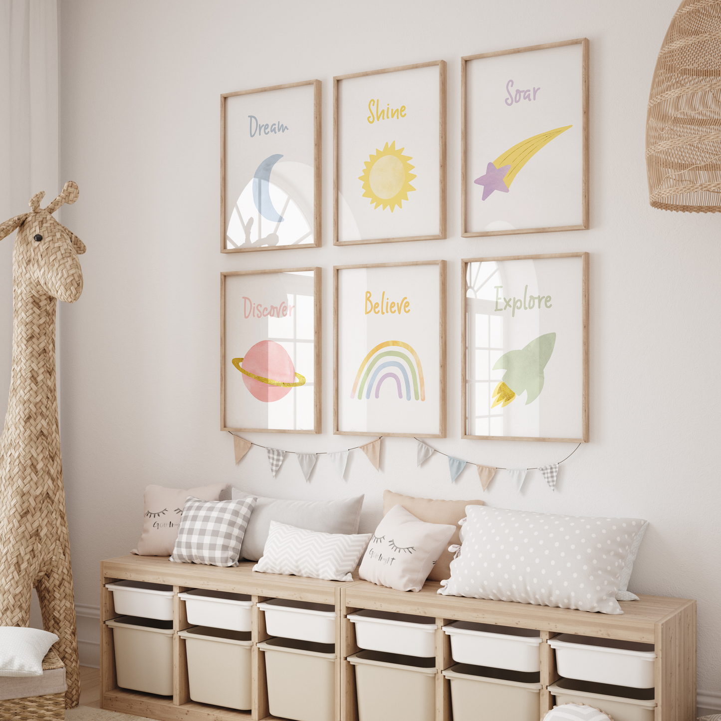6 piece space theme gallery wall in playroom