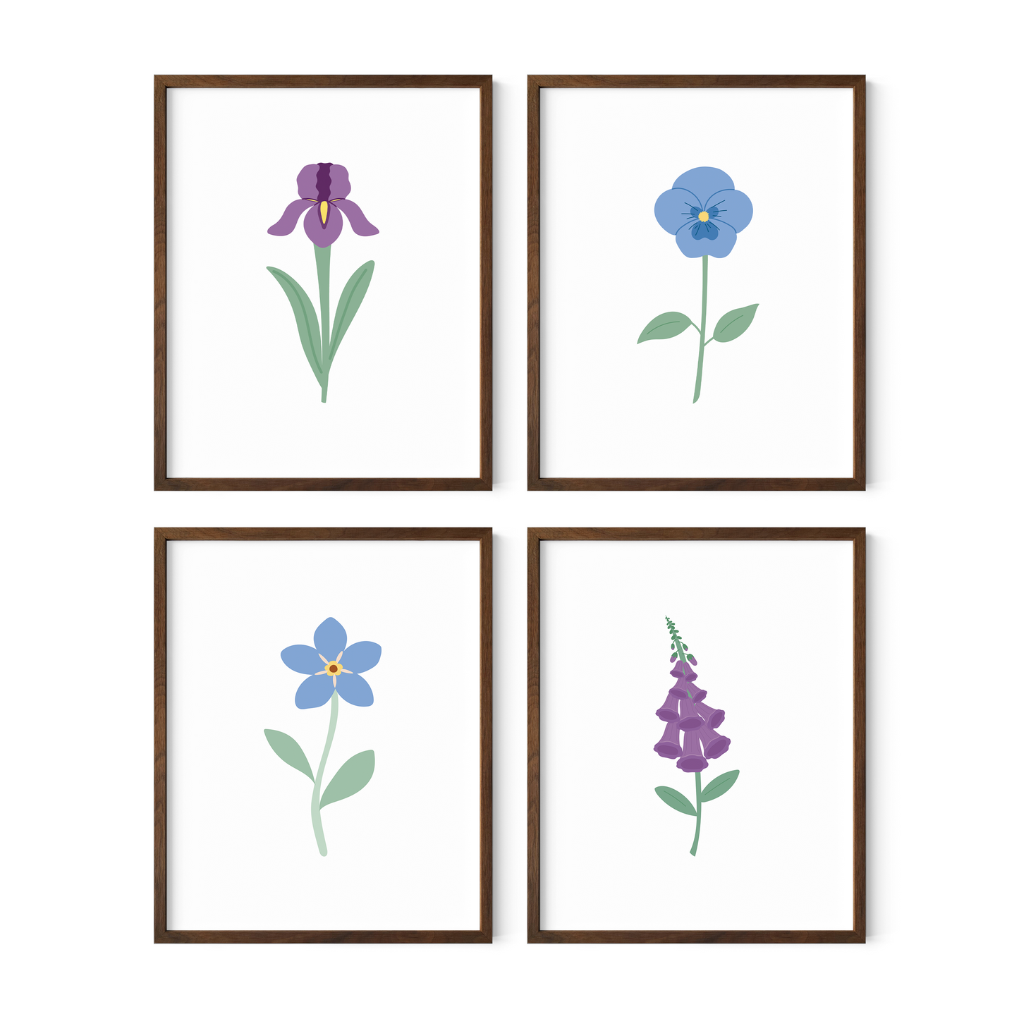 Blue and Purple Floral Art Prints (Set of 4)