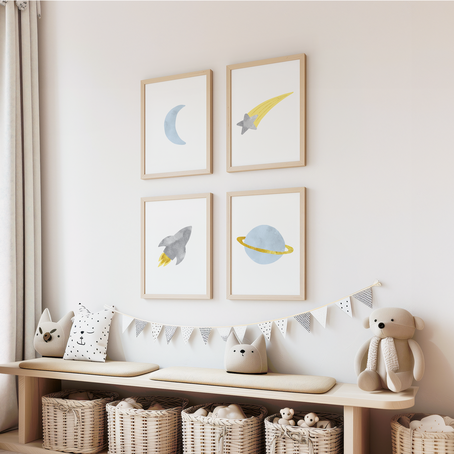 Blue and gray space artwork in playroom