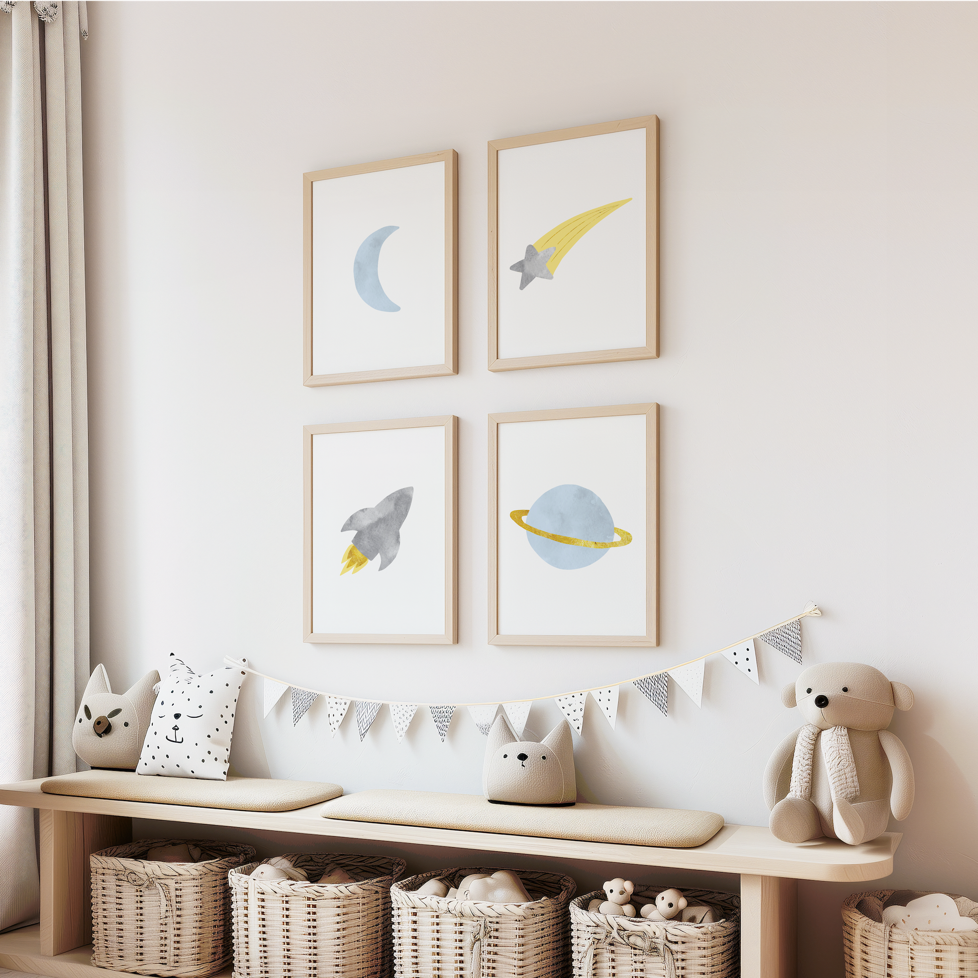 Blue and gray space artwork in playroom