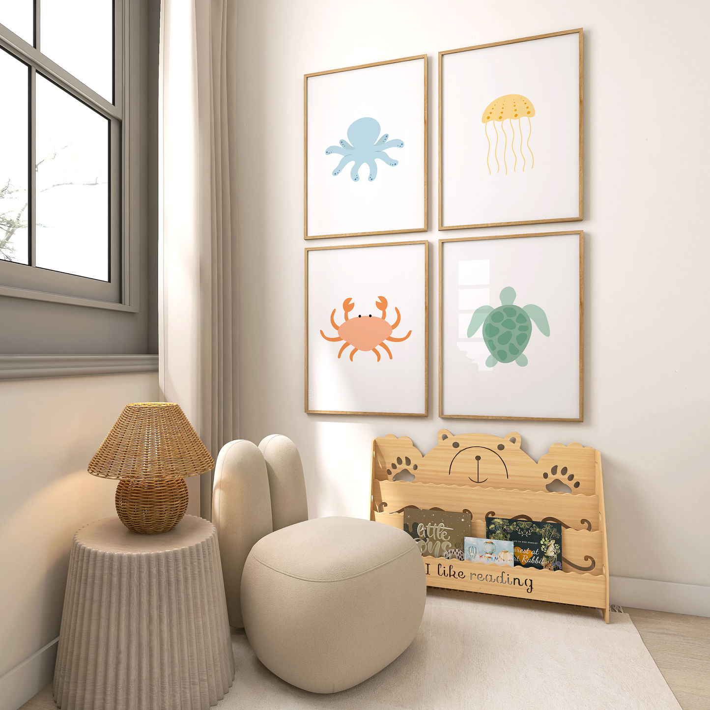 Blue yellow orange and green sea creature artwork in child's room