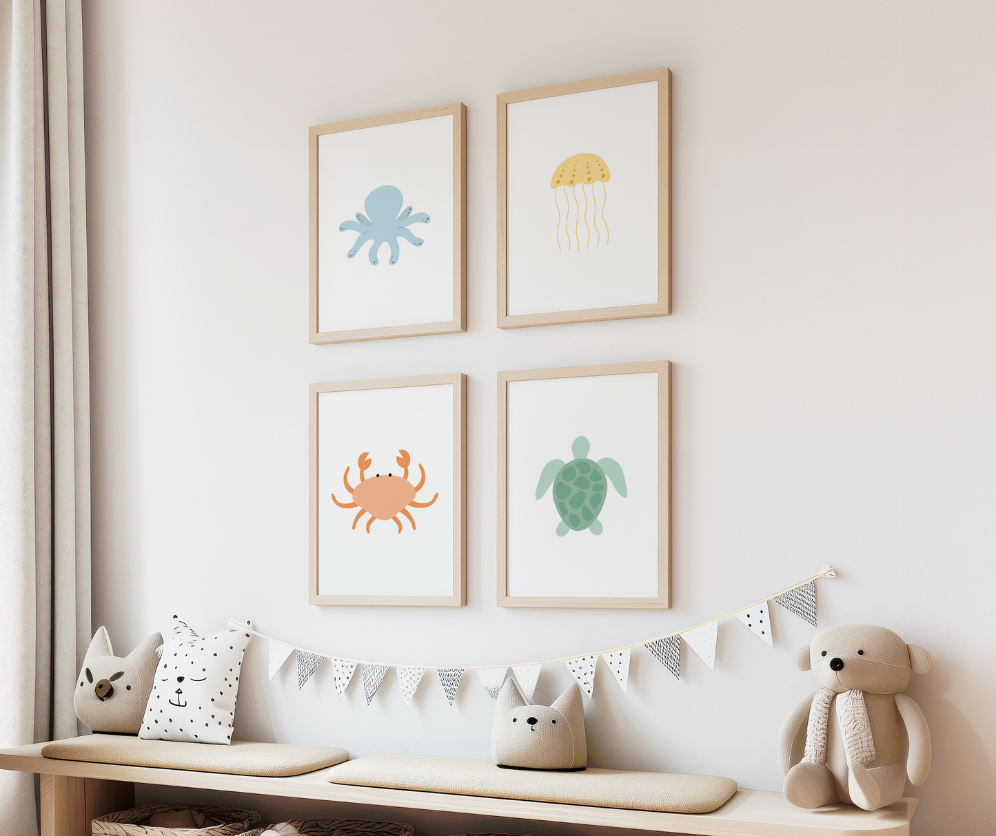 Colorful ocean animal wall art set for children
