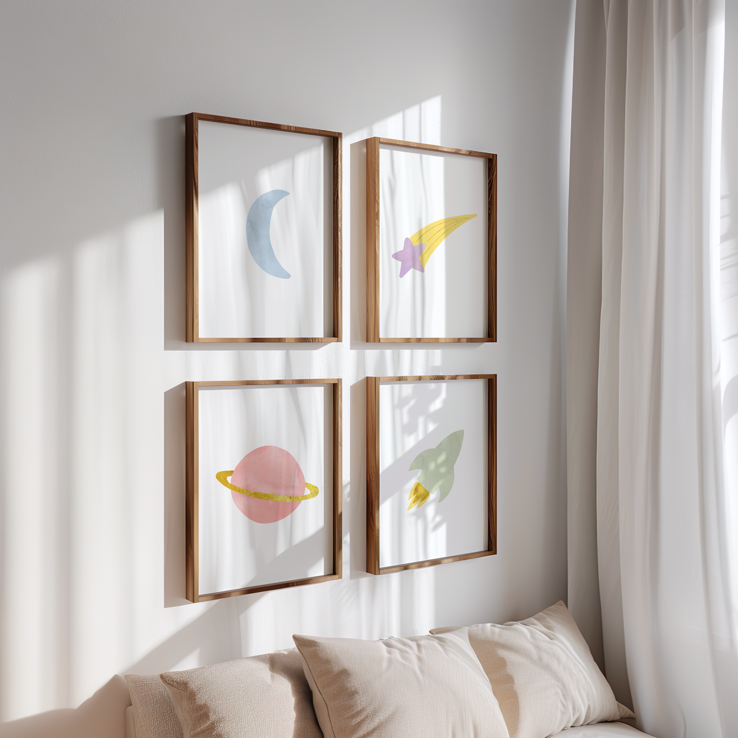 Colorful outer space wall decor in wood frames