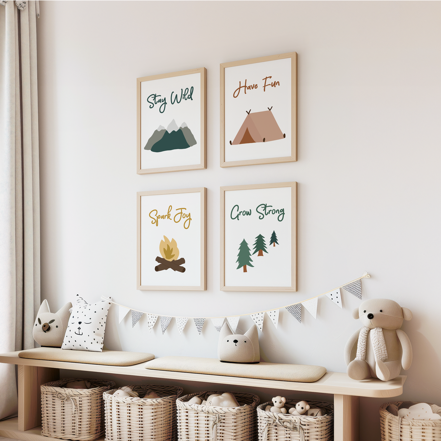 Framed camping wall art in child's room in neutral colors