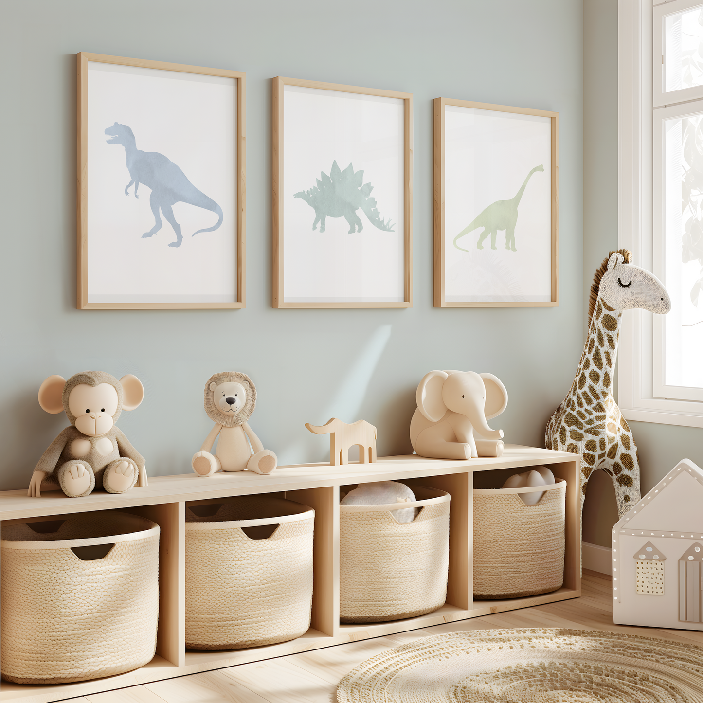 Framed dinosaur artwork in children's room