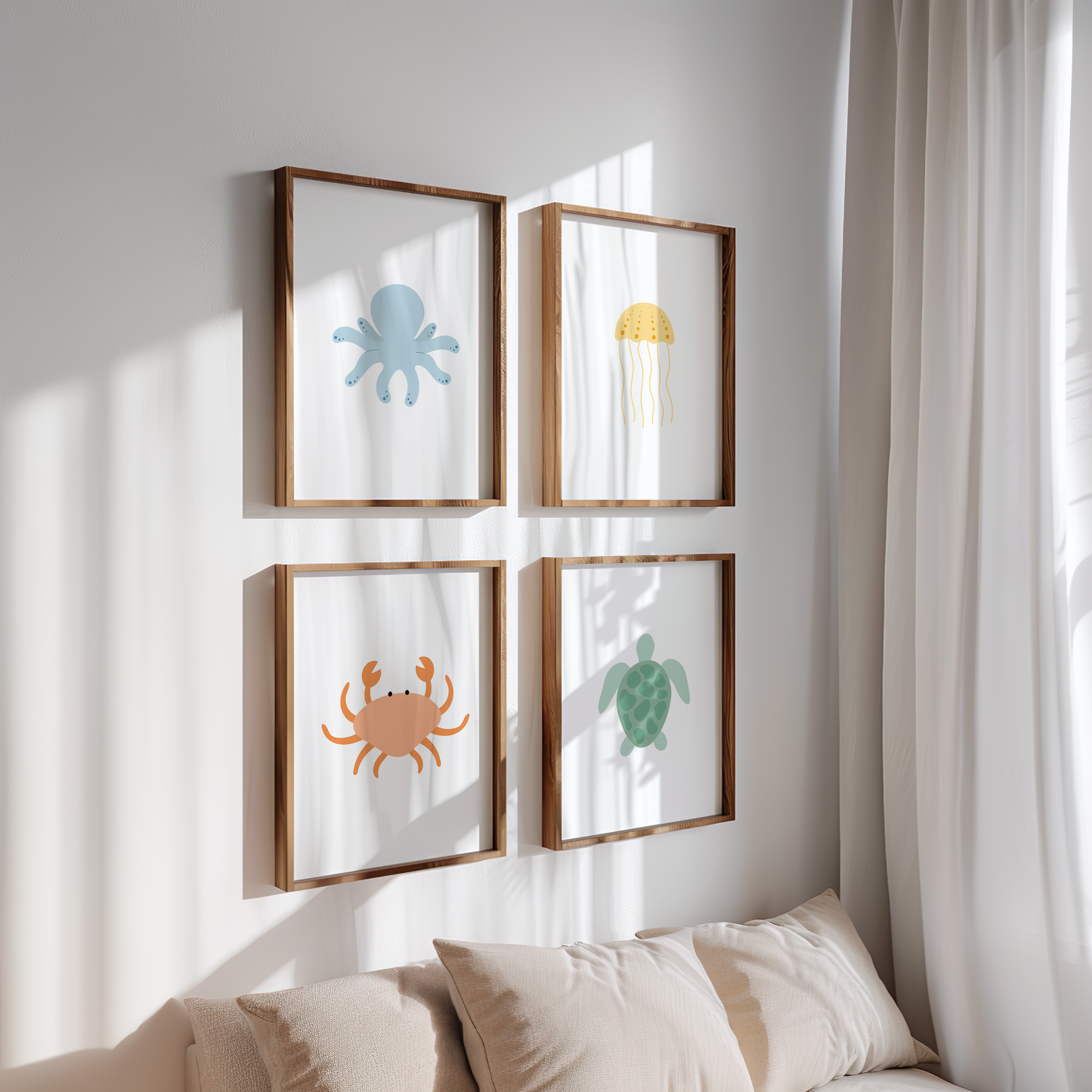 Jellyfish, sea turtle, crab and octopus wall art in dark wood frames