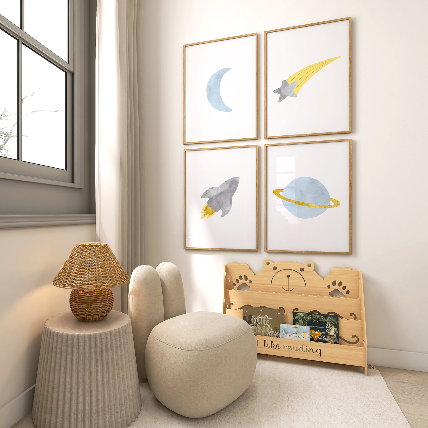 Moon star planet and rocket wall art in children's room