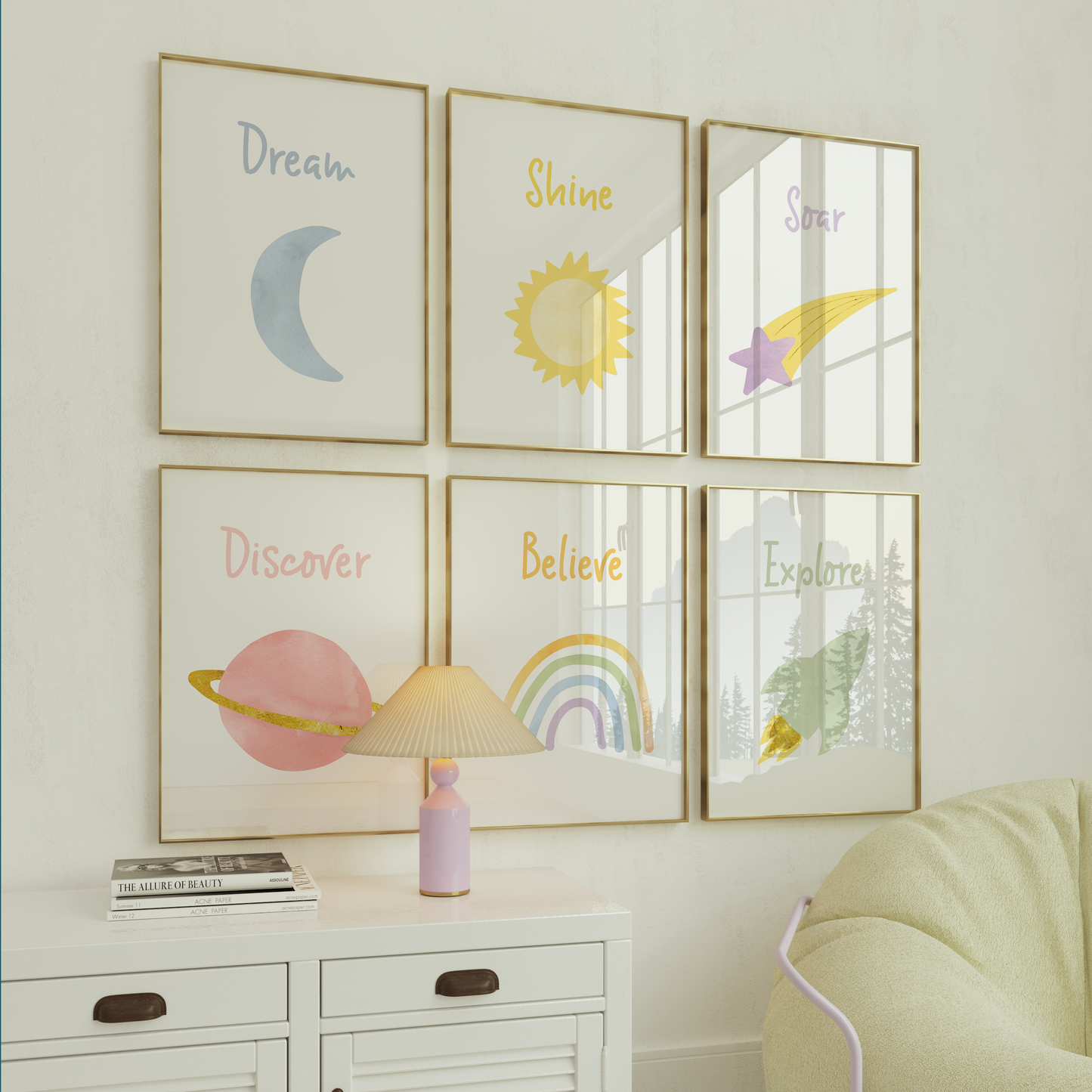 Moon sun star planet rocket and rainbow wall art in frames