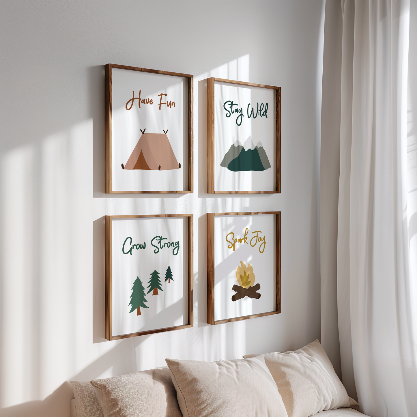Mountain forest and camping art prints in dark wood frames