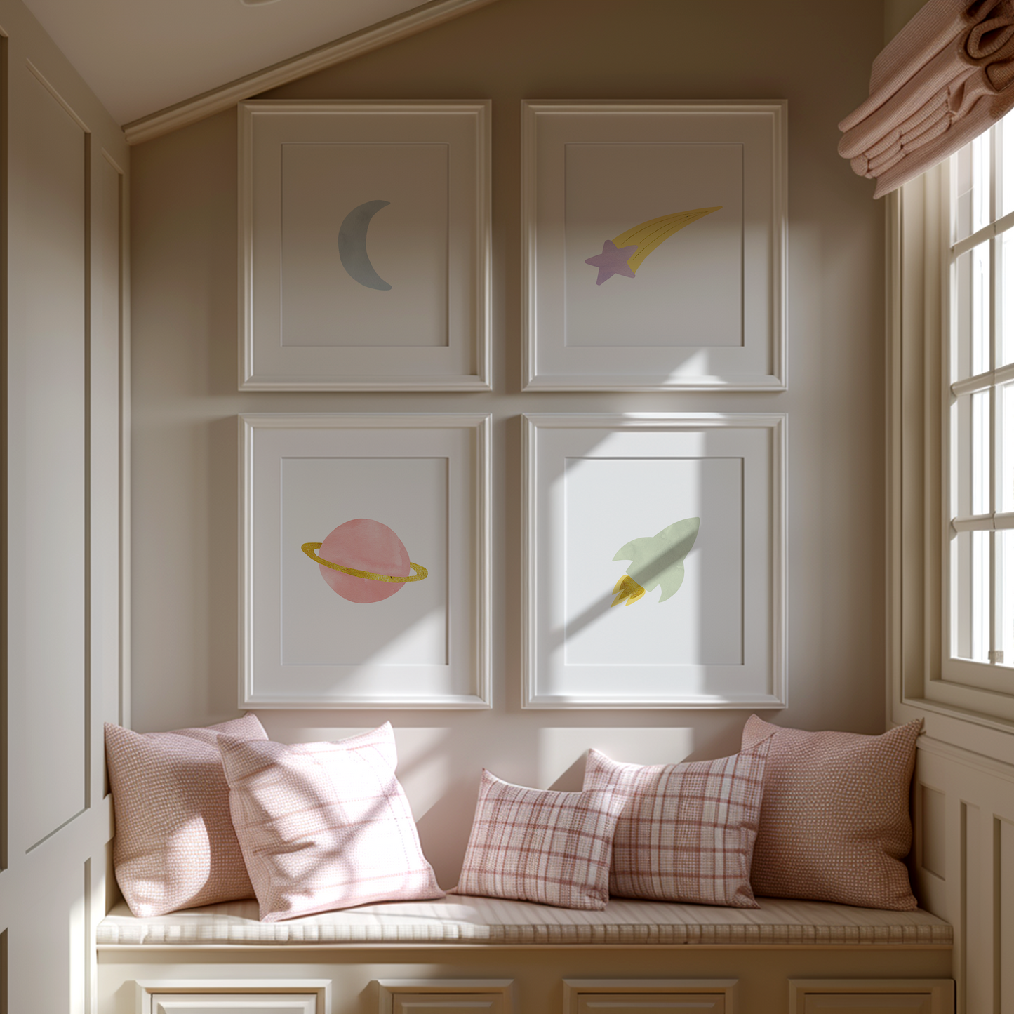 Star and moon nursery decor in white frames