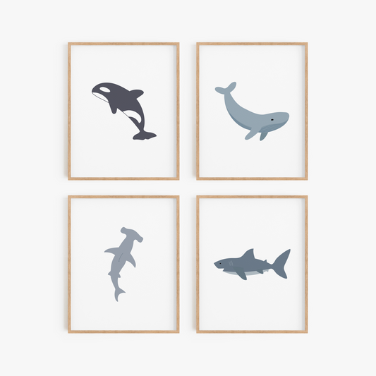 Blue and gray whale and shark nursery wall art set of 4