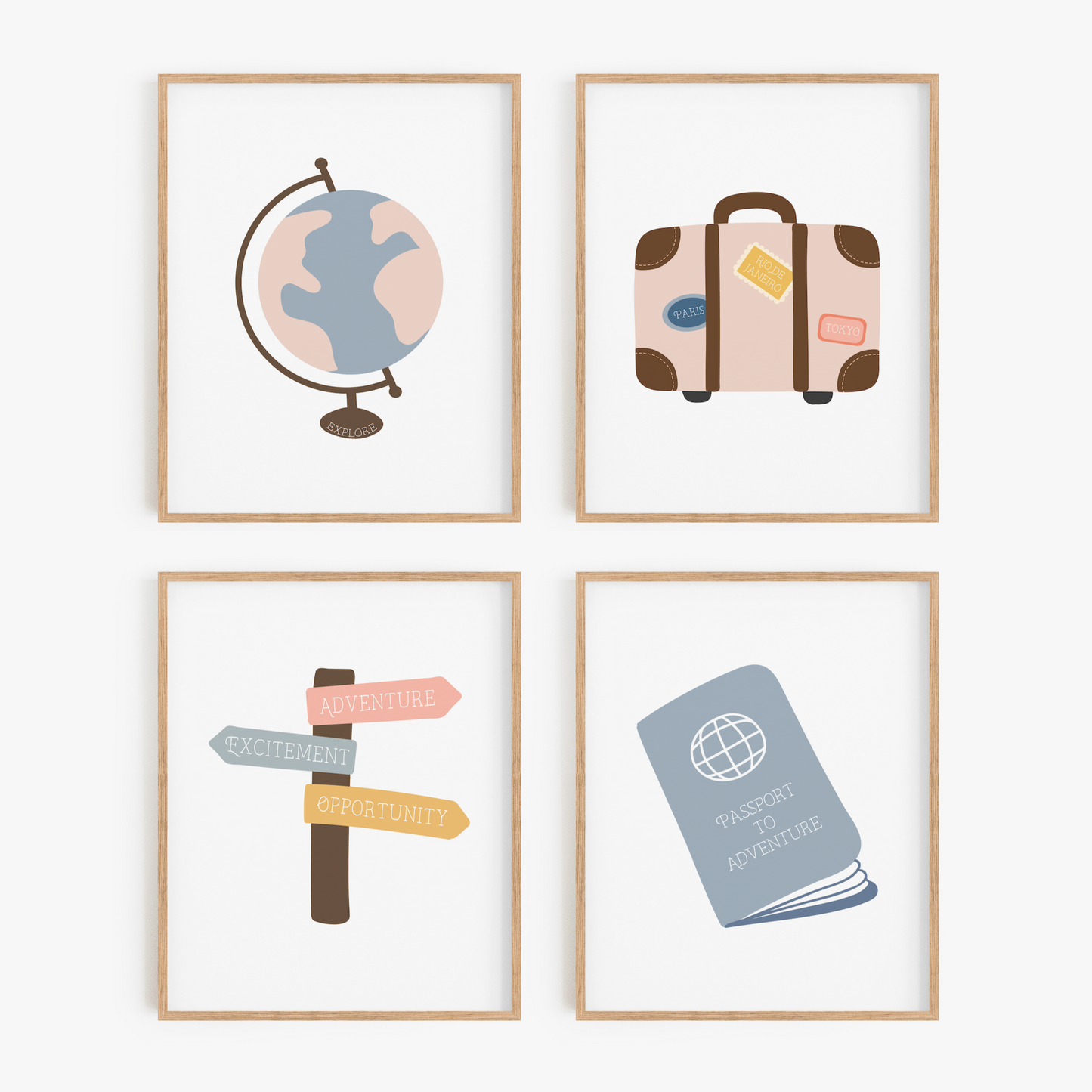 Blue and pink travel themed wall art set
