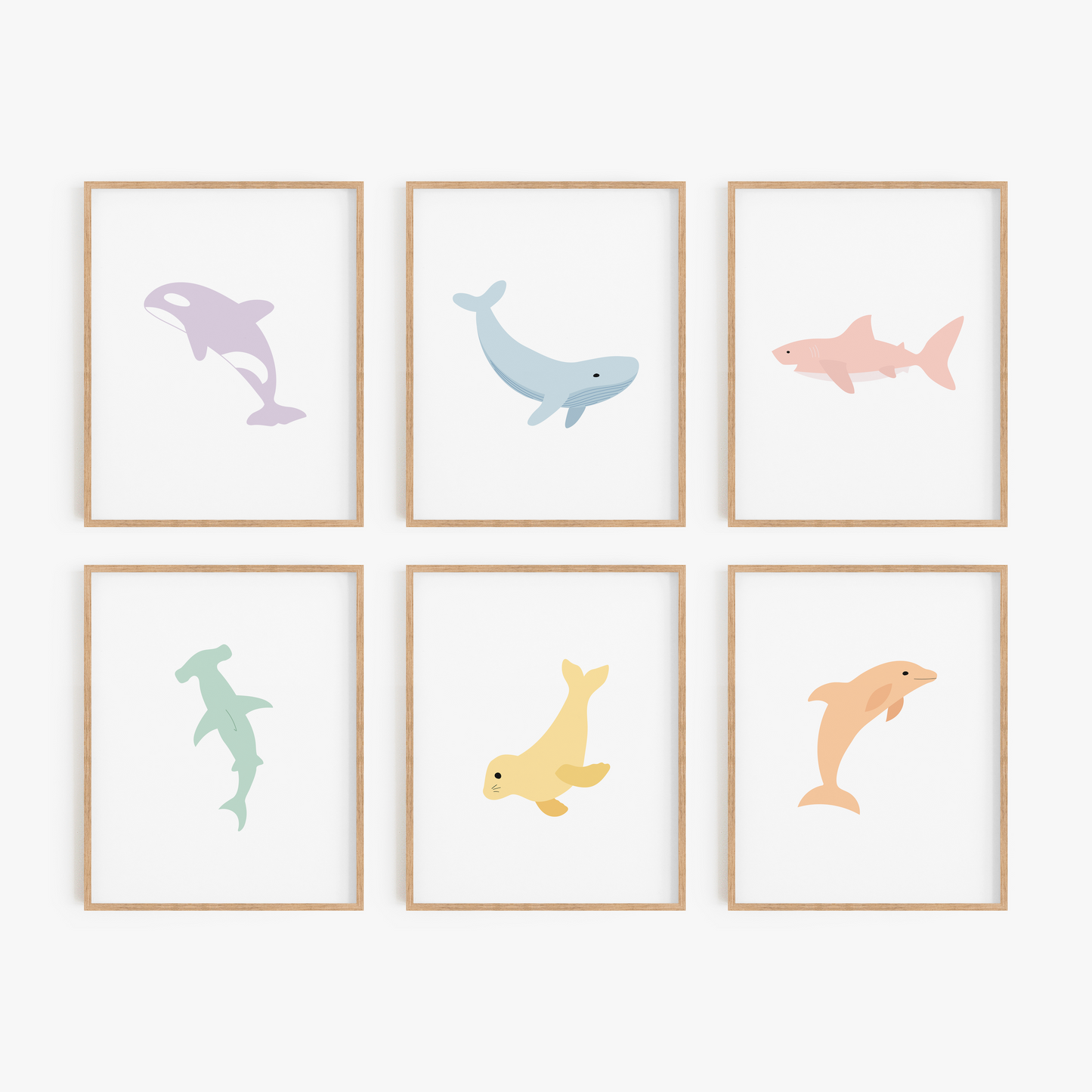 Colorful sea animal art prints set of 6