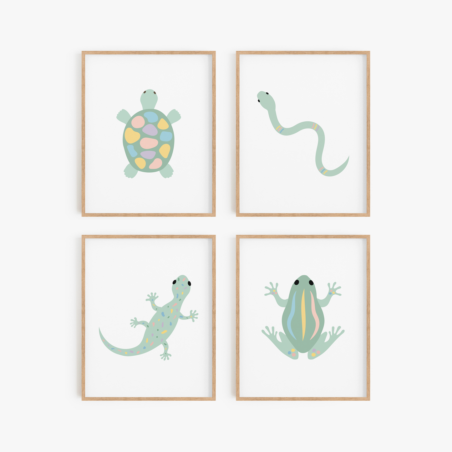 Cute frog turtle and gecko art in frames
