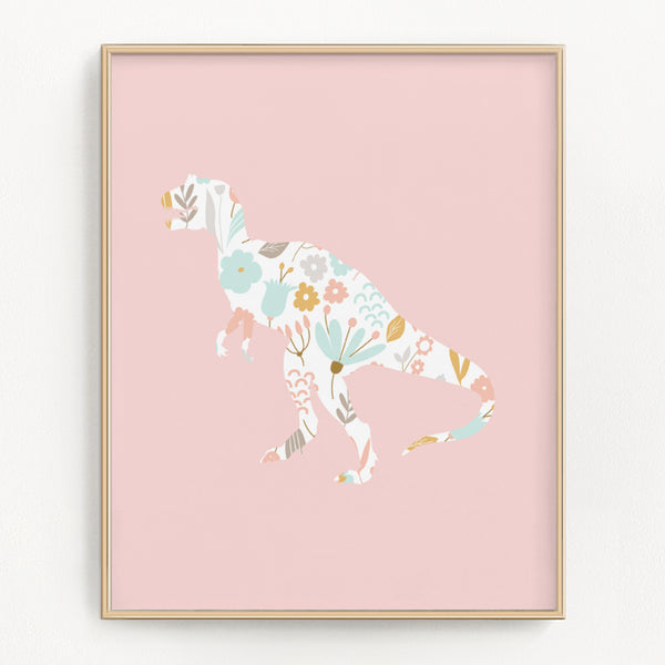 Pink Floral Dinosaur Art Prints (Set of 4)