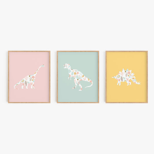 Dinosaur wall art set of 3 for girl nursery