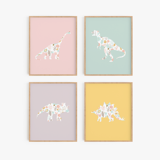 Girl dinosaur wall art with flowers