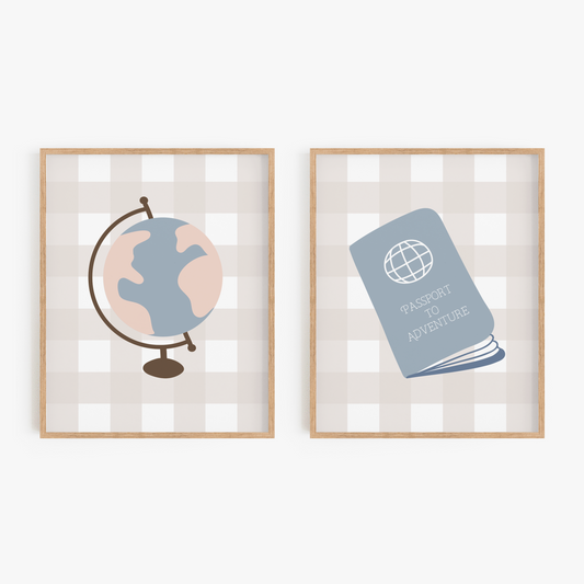 Globe and passport art in frames