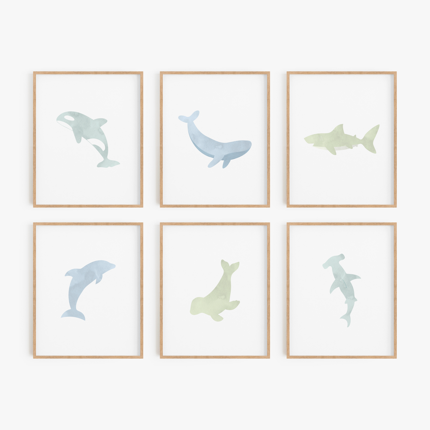 Green and blue watercolor sea animal wall art set of 6