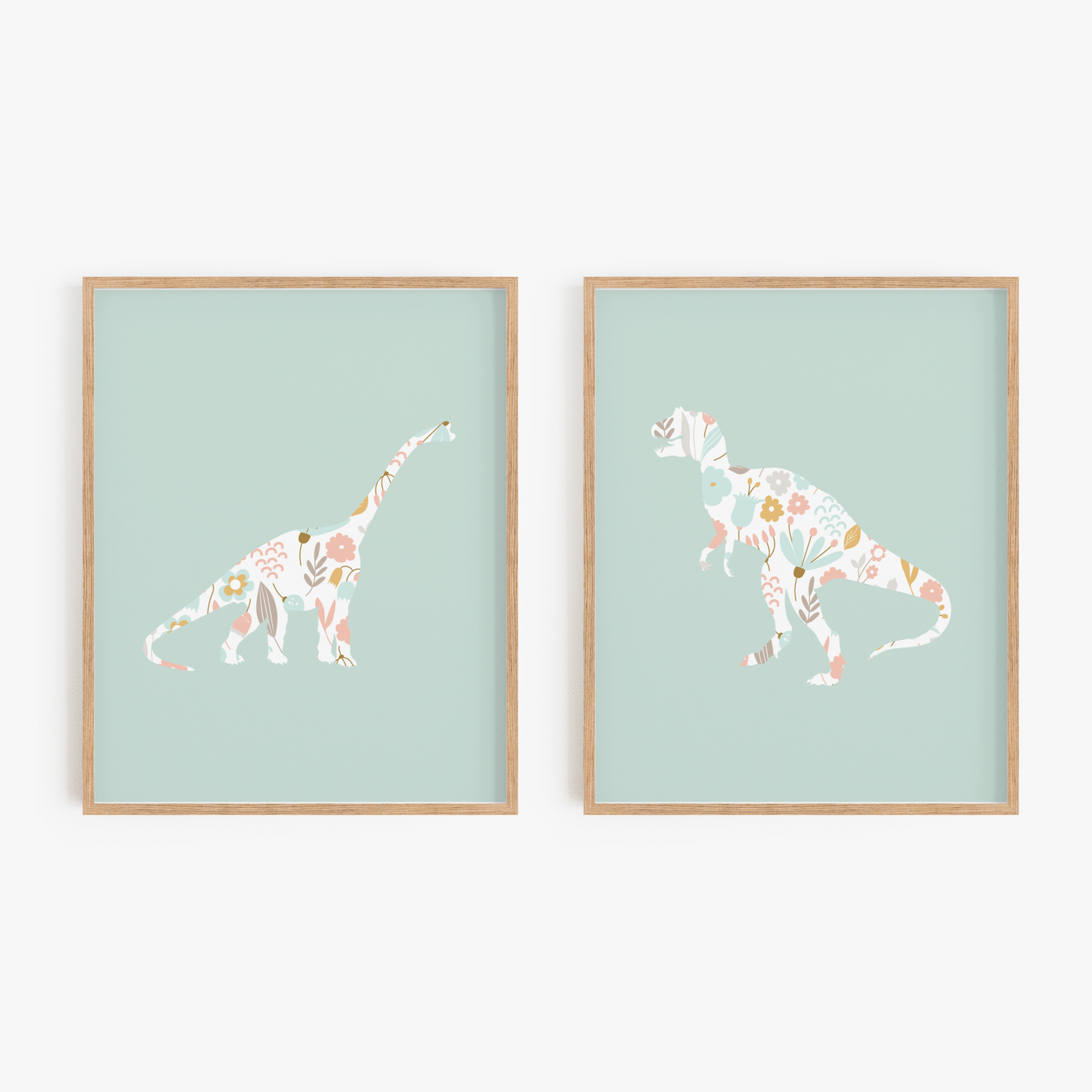 Mint green floral dinosaur art set of 2