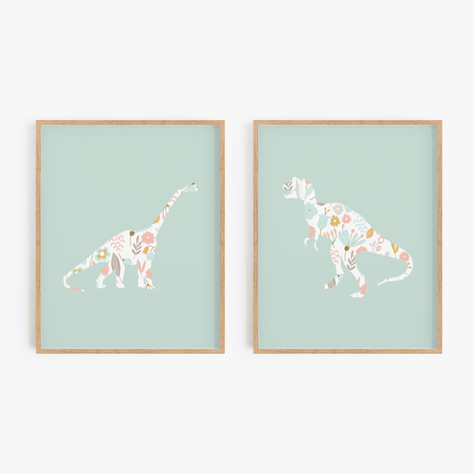 Mint green floral dinosaur art set of 2