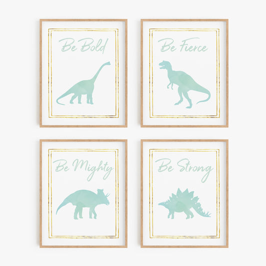 Mint green watercolor dinosaur wall art set