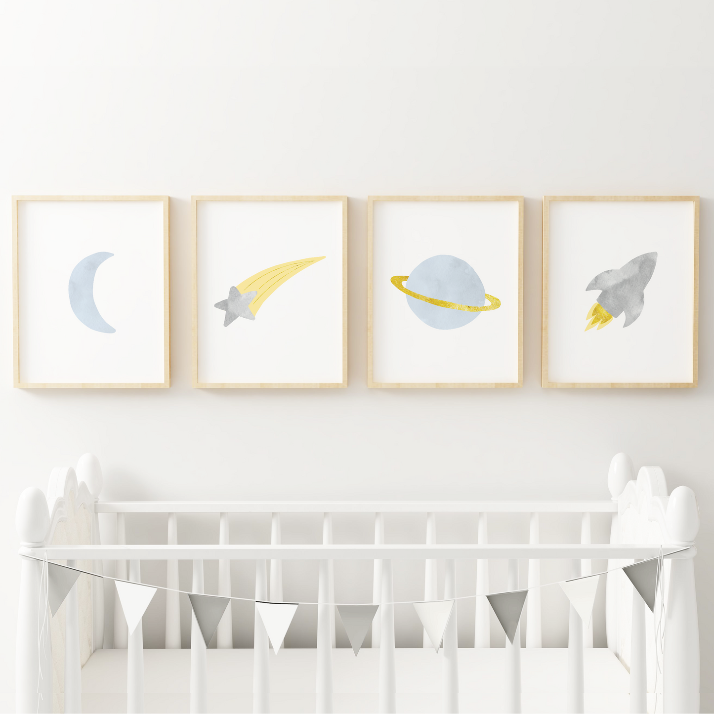 Outer space nursery art above crib