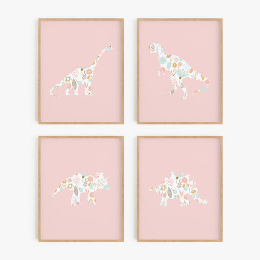 Pink dinosaur wall art with flowers