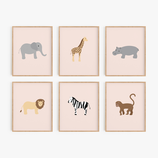 Pink safari animal framed art prints