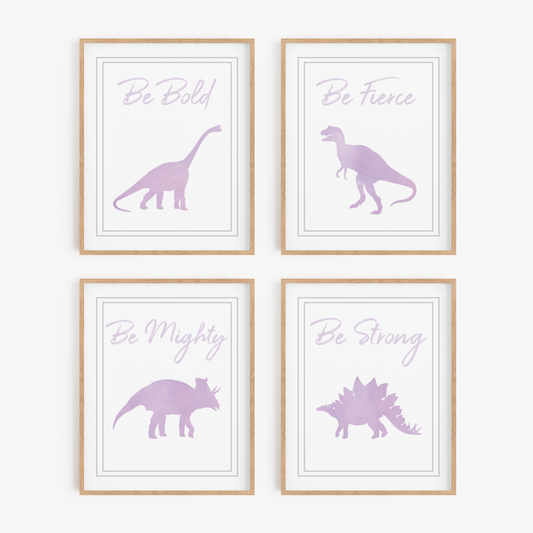 Purple watercolor dinosaur wall art set of 4