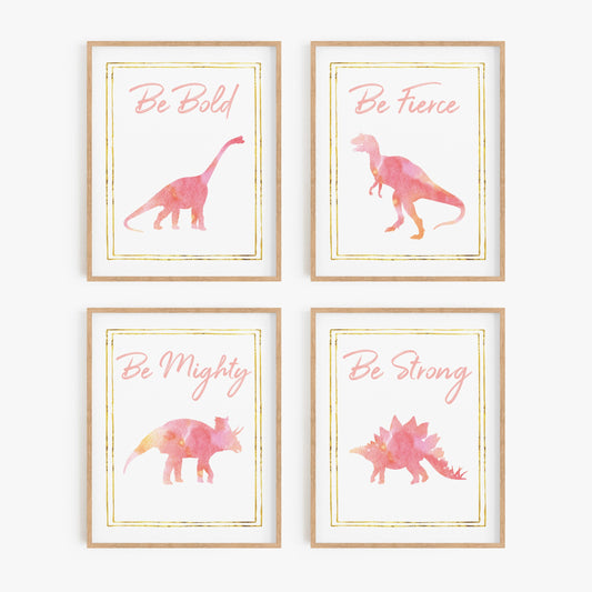 Watercolor pink dinosaur art prints