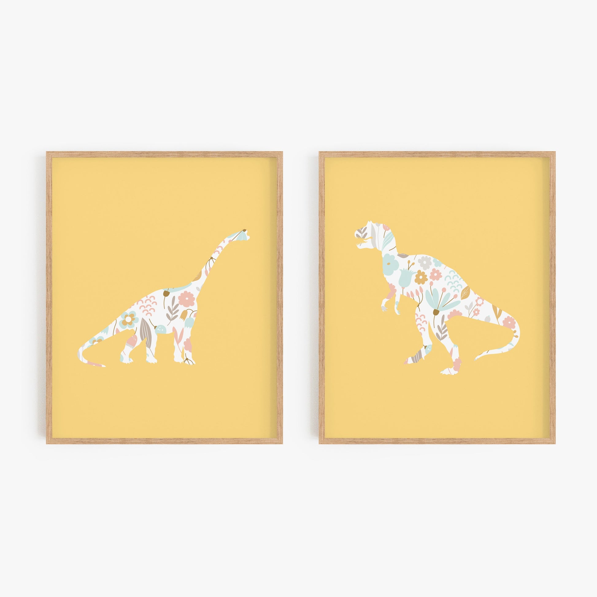 Yellow dinosaur wall art set of 2