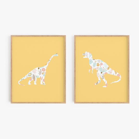 Yellow dinosaur wall art set of 2