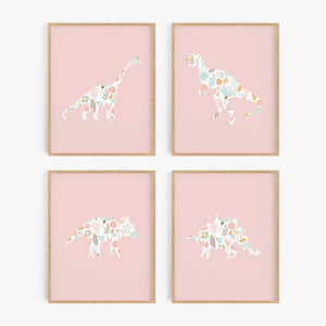 Pink Floral Dinosaur Art Prints (Set of 4)