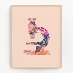 Science art print with blush pink background and floral microscope