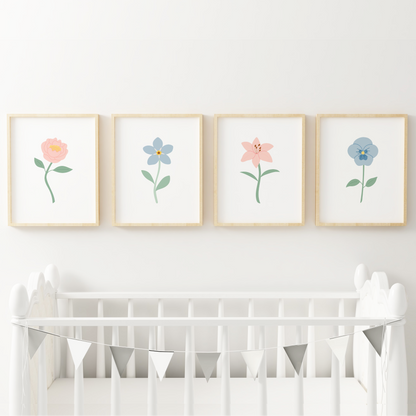 Light Blue and Pink Floral Art Prints (Set of 4)