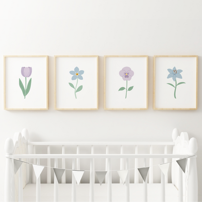 Light Purple and Blue Floral Art Prints (Set of 4)
