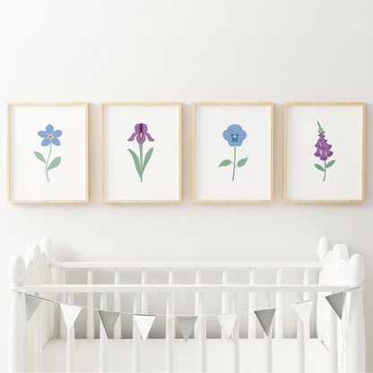 Blue and Purple Floral Art Prints (Set of 4)