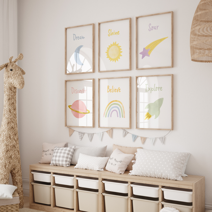 6 piece space theme gallery wall in playroom