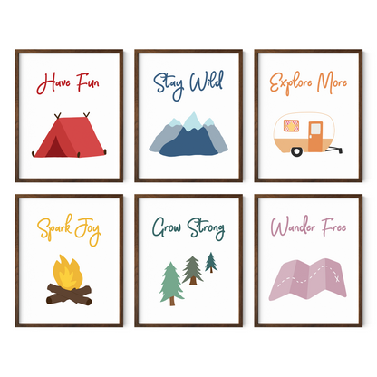 Adventure nursery wall art set in dark wood frames