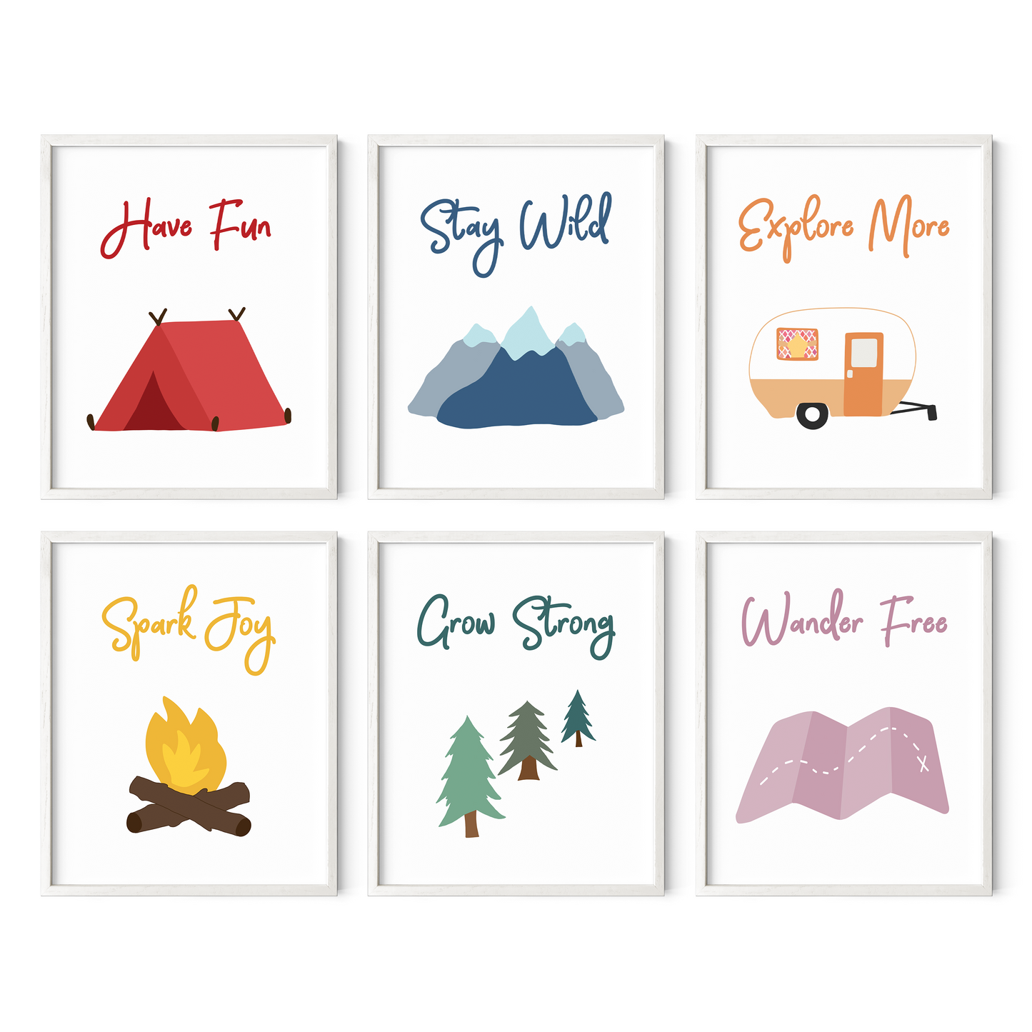 Adventure themed wall art set of 6 in white frames