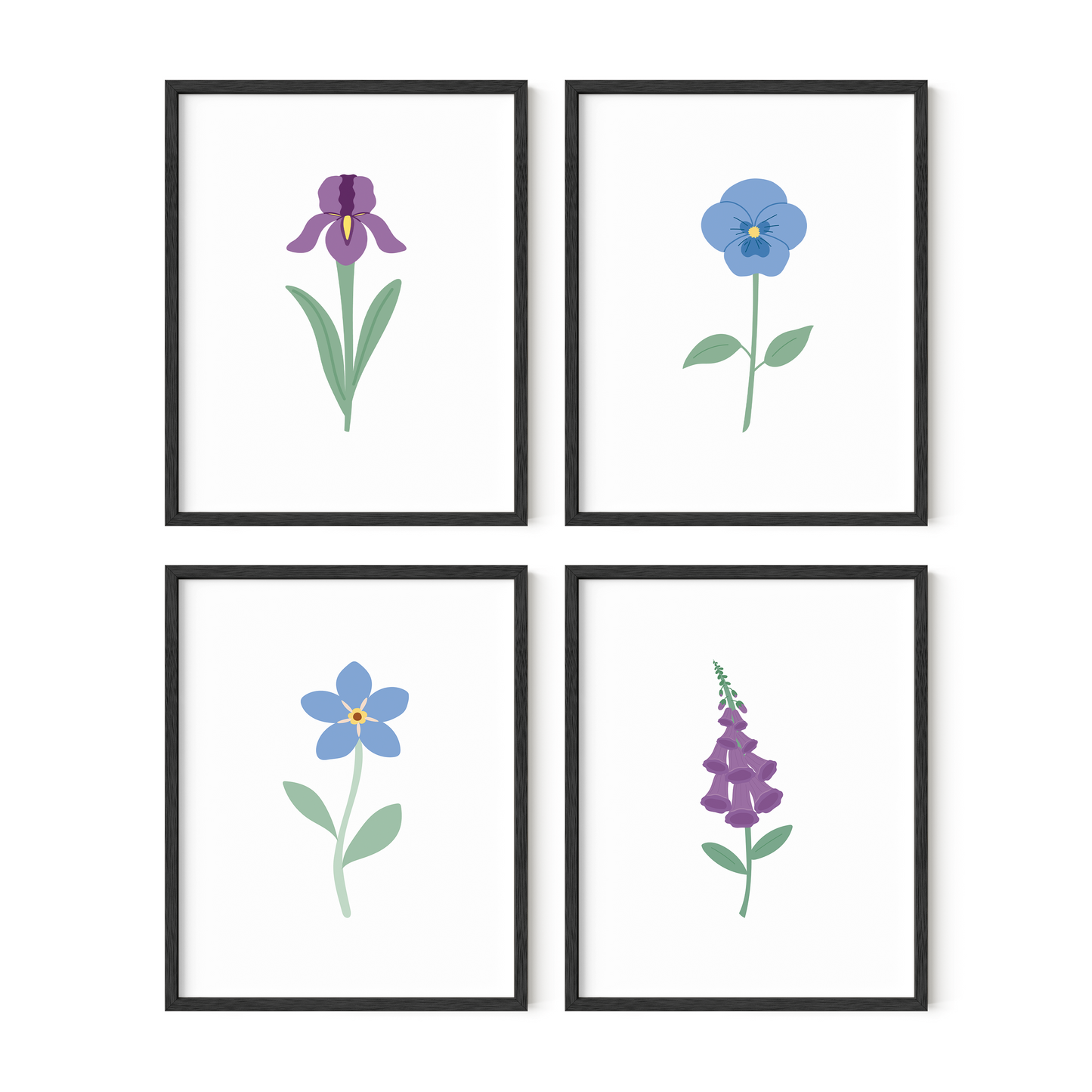 Blue and Purple Floral Art Prints (Set of 4)