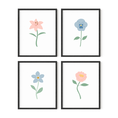 Light Blue and Pink Floral Art Prints (Set of 4)