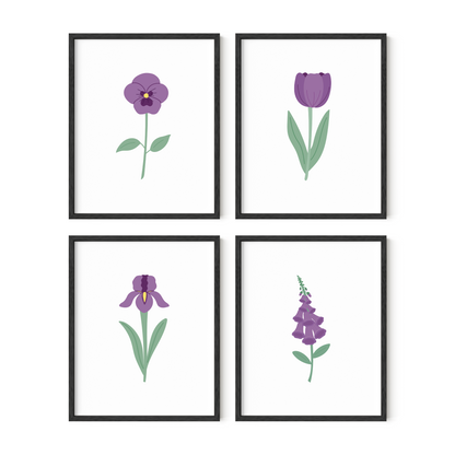 Dark Purple Floral Art Prints (Set of 4)