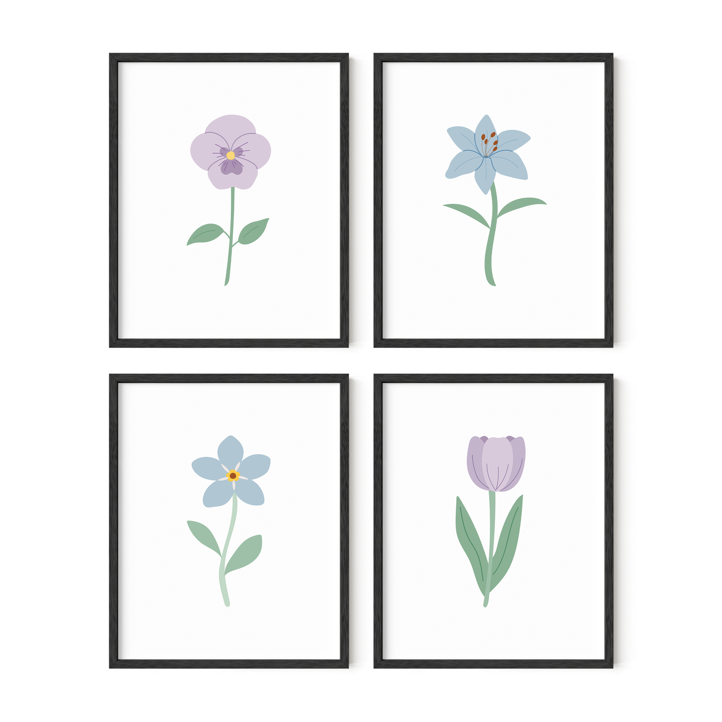 Light Purple and Blue Floral Art Prints (Set of 4)