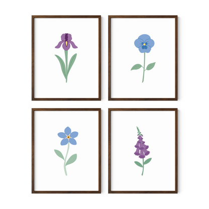 Blue and Purple Floral Art Prints (Set of 4)