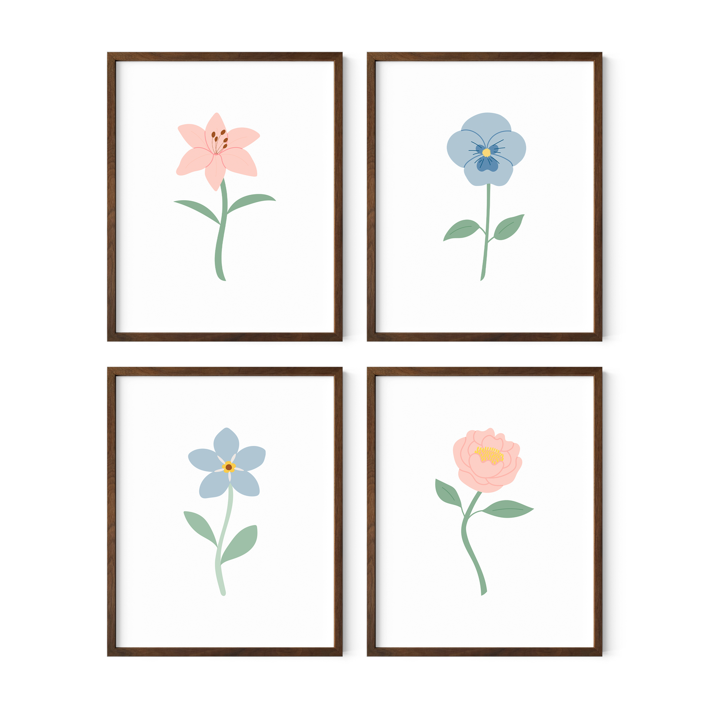Light Blue and Pink Floral Art Prints (Set of 4)