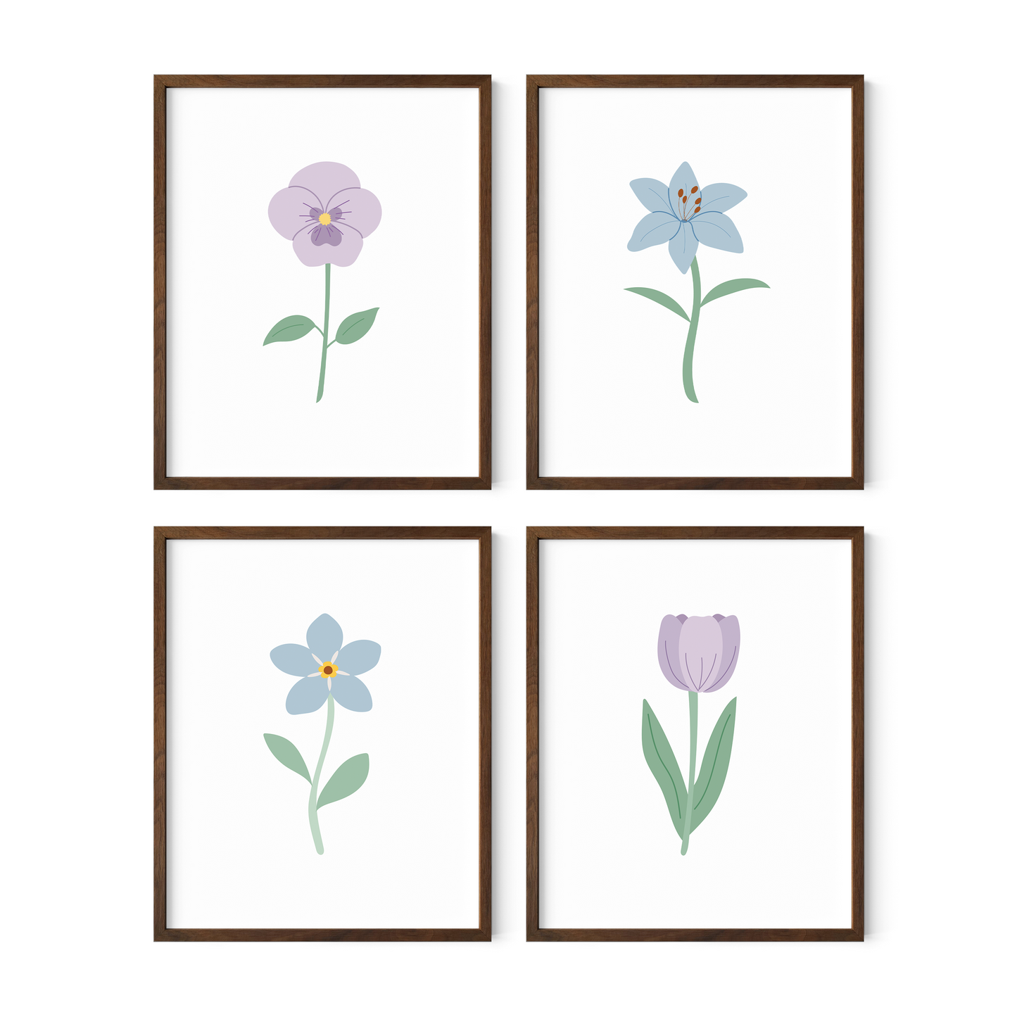 Light Purple and Blue Floral Art Prints (Set of 4)