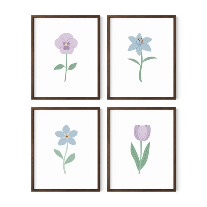 Light Purple and Blue Floral Art Prints (Set of 4)