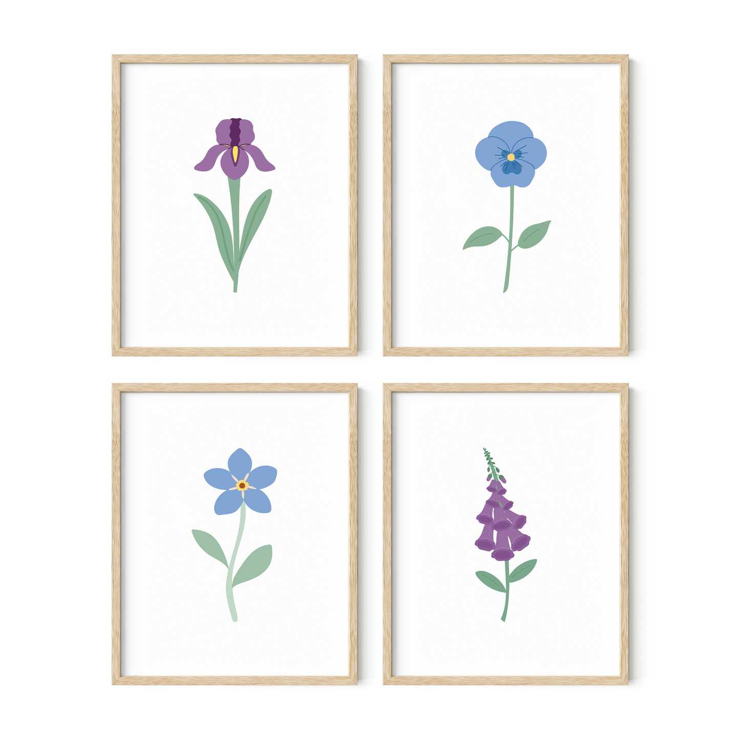 Blue and Purple Floral Art Prints (Set of 4)